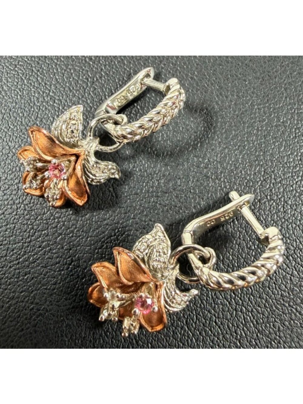 Vintage 925 Sterling Silver Rose Gold Floral Drop Earrings Pink Gemstone 5g